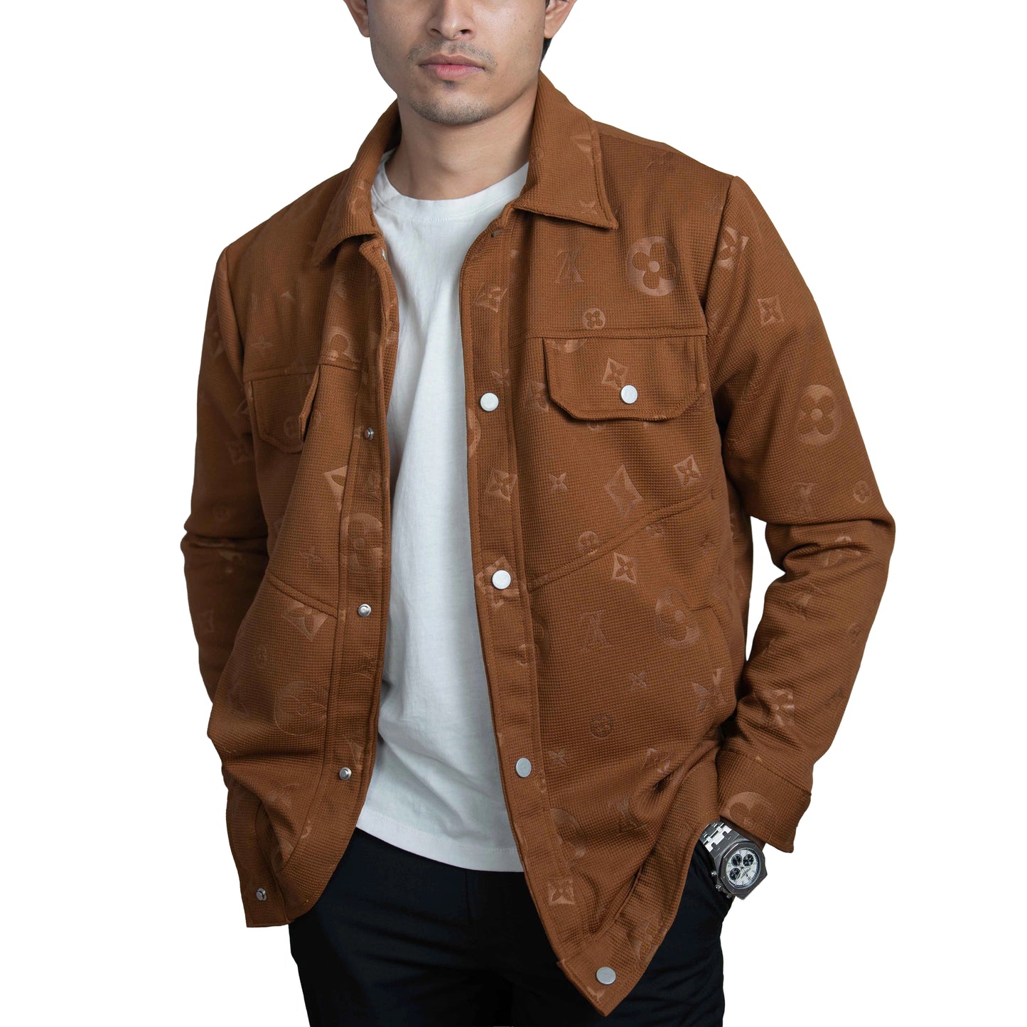 Men’s Dark Brown Vintage Allover Jacquard Cotton Shacket