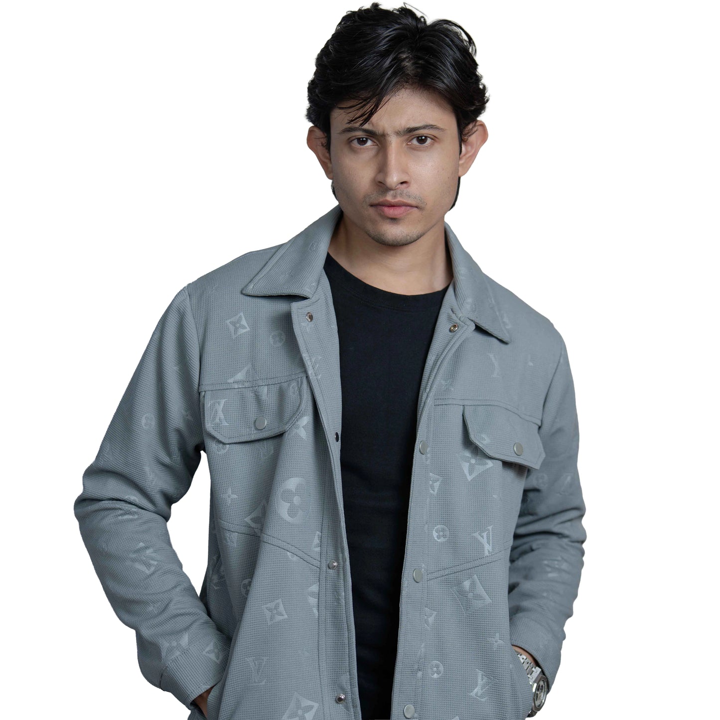 Men’s Slate Grey Vintage Allover Jacquard Cotton Shacket