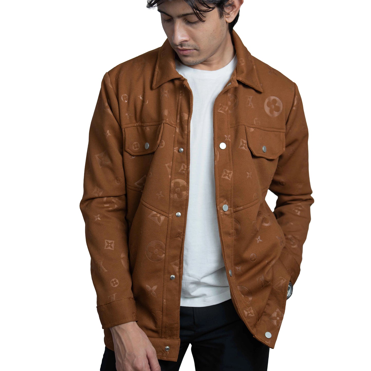 Men’s Dark Brown Vintage Allover Jacquard Cotton Shacket