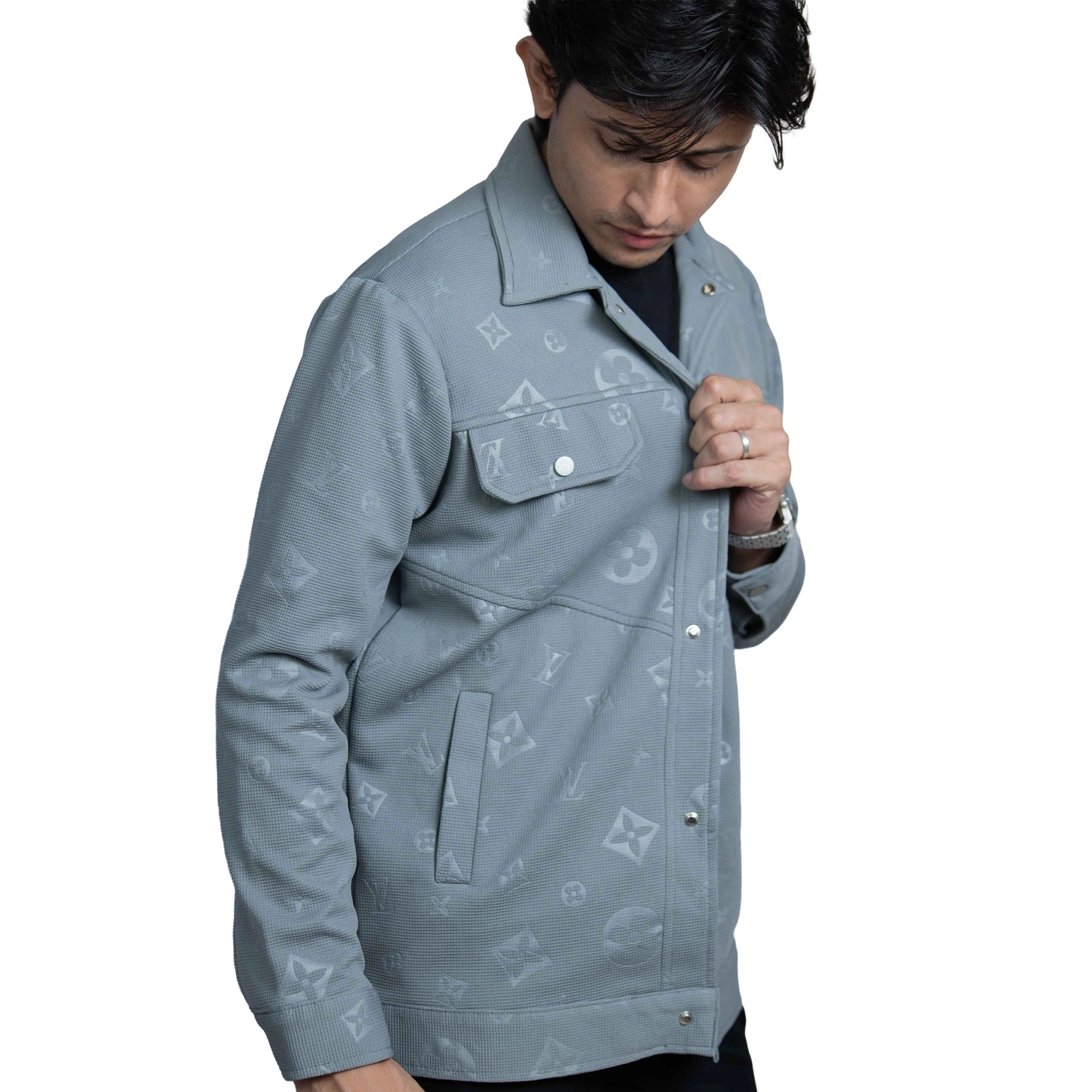 Men’s Slate Grey Vintage Allover Jacquard Cotton Shacket