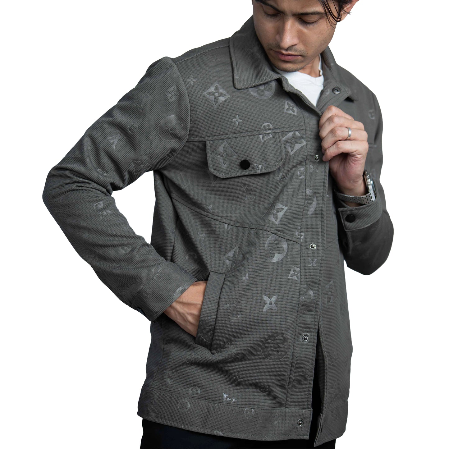 Men’s Slate dark khaki Vintage Allover Jacquard Cotton Shacket