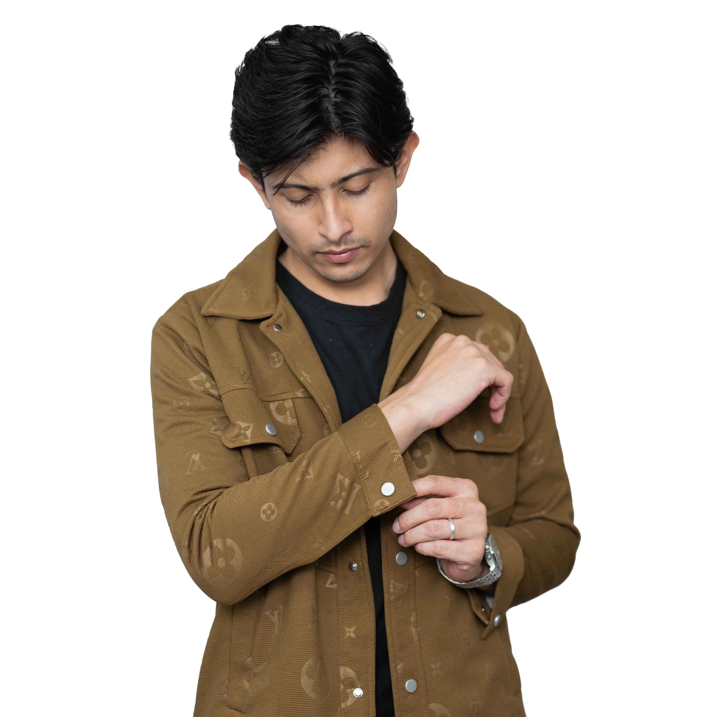Men’s Allover Jacquard Shacket in Brown – Vintage Casual Style