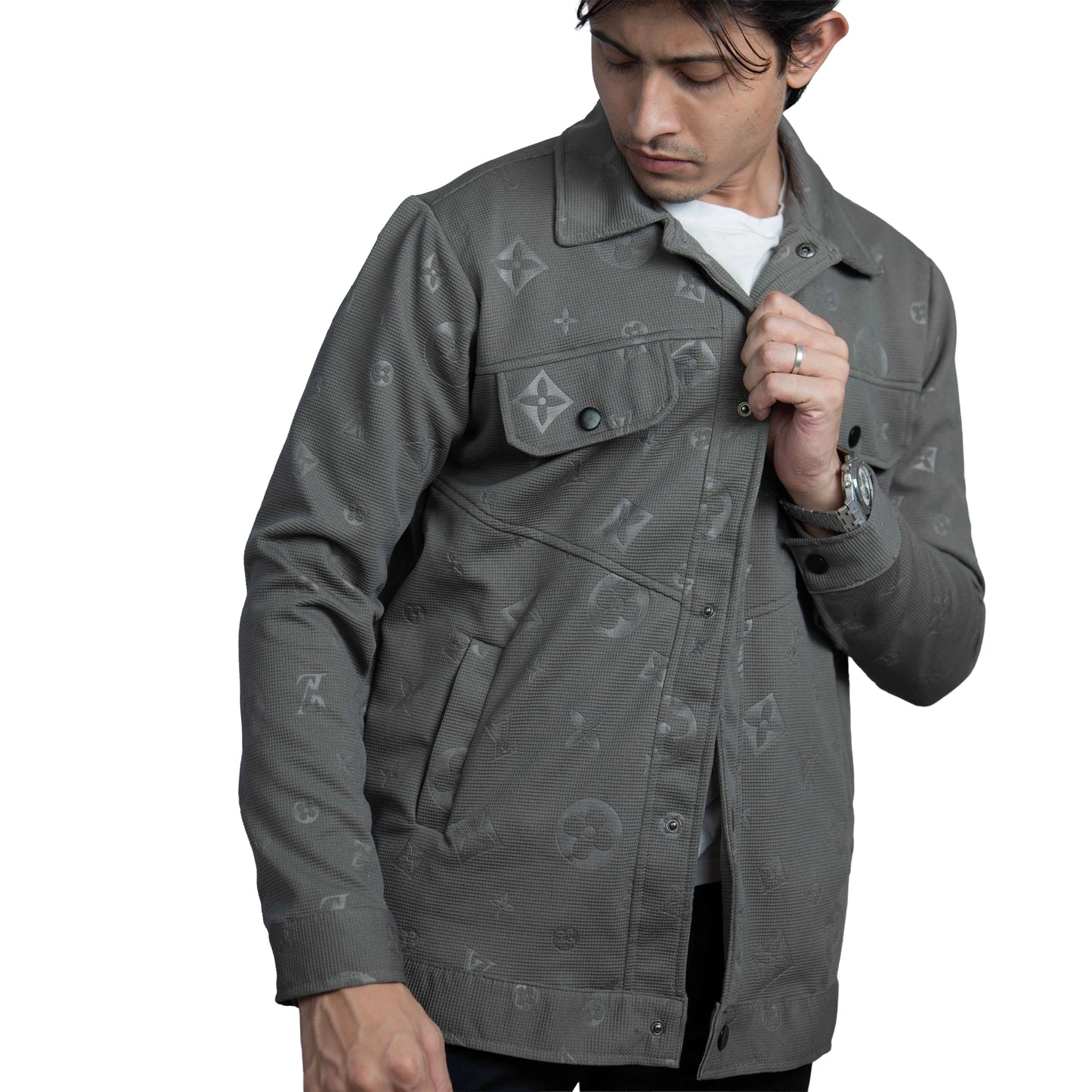 Men’s Slate dark khaki Vintage Allover Jacquard Cotton Shacket