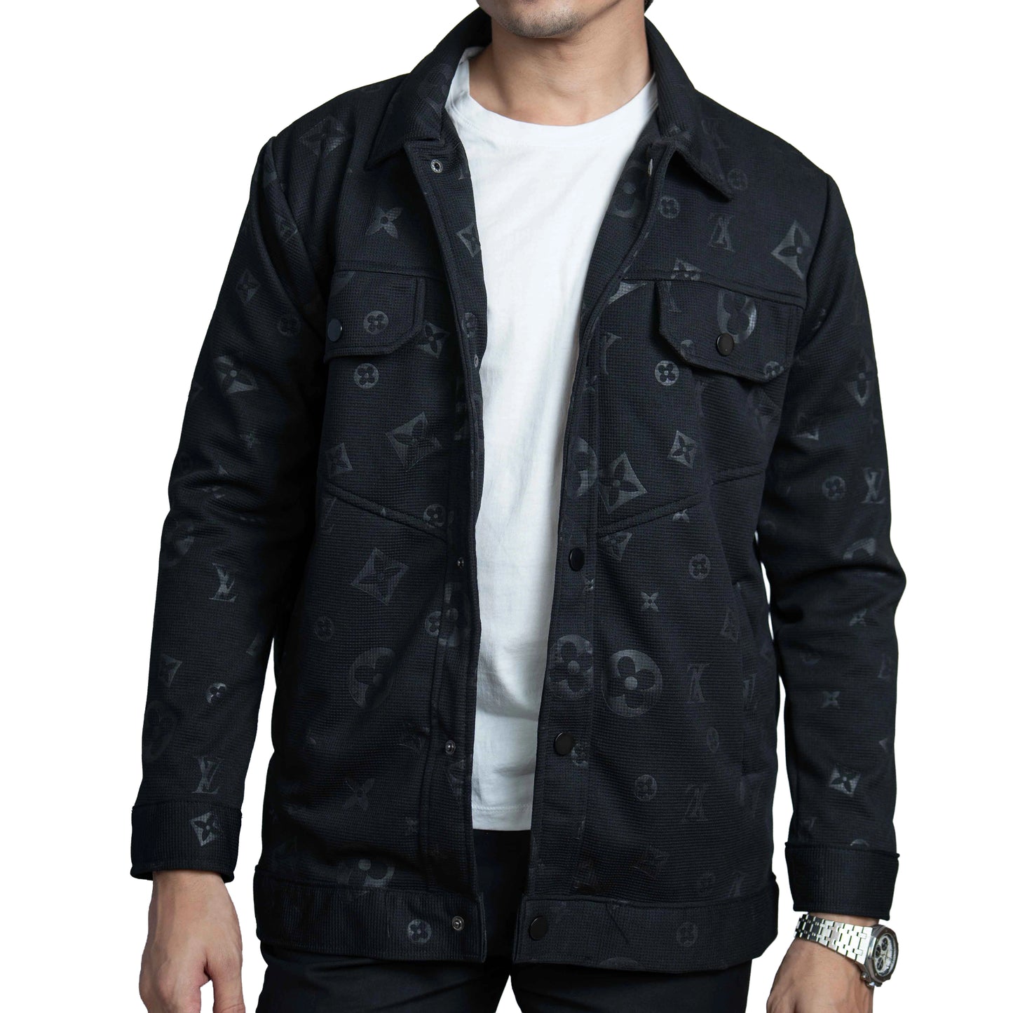 Men’s Black Vintage Allover Jacquard Cotton Shacket