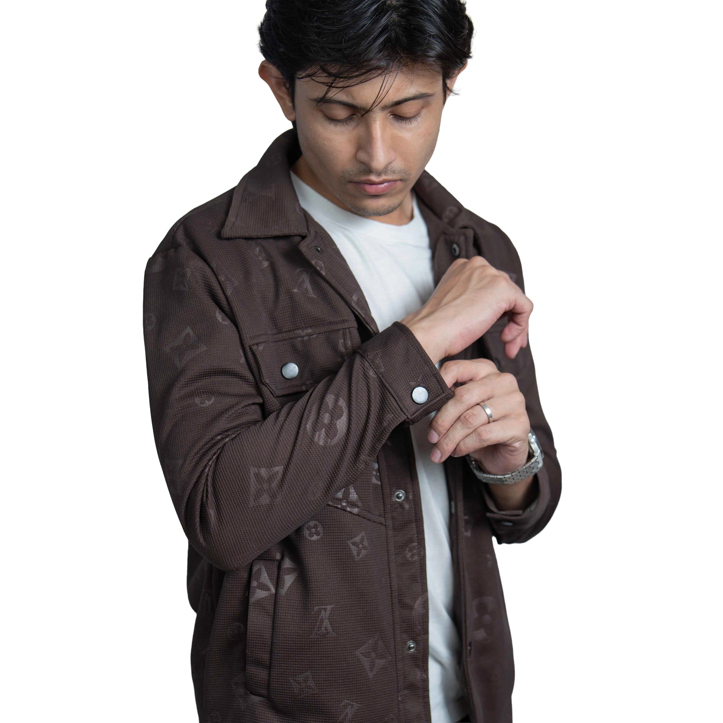 Men’s Coffee Vintage Allover Jacquard Cotton Shacket