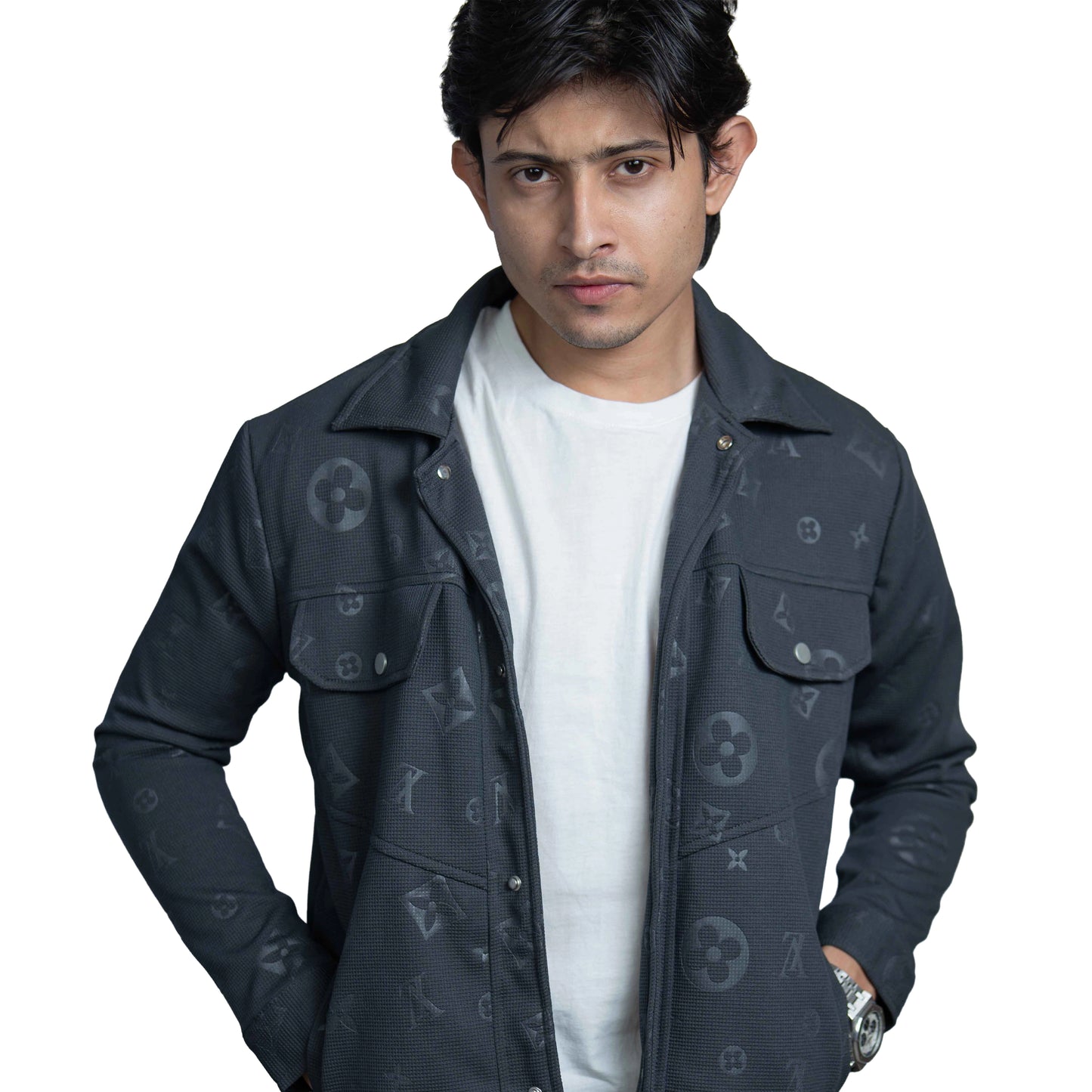 Men’s Charcoal Vintage Allover Jacquard Cotton Shacket