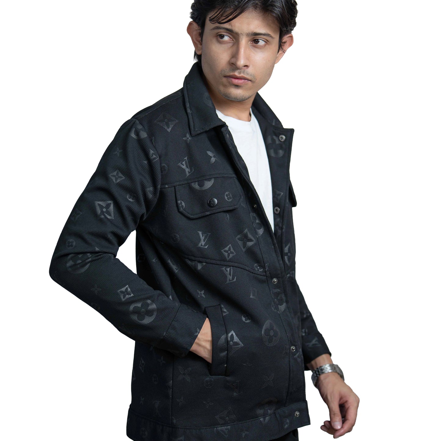 Men’s Black Vintage Allover Jacquard Cotton Shacket