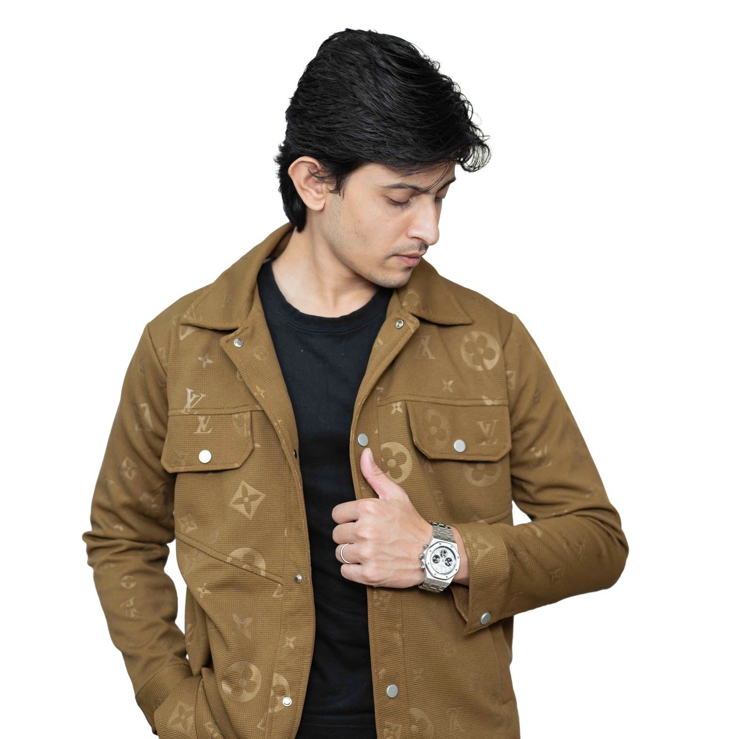 Men’s Allover Jacquard Shacket in Brown – Vintage Casual Style