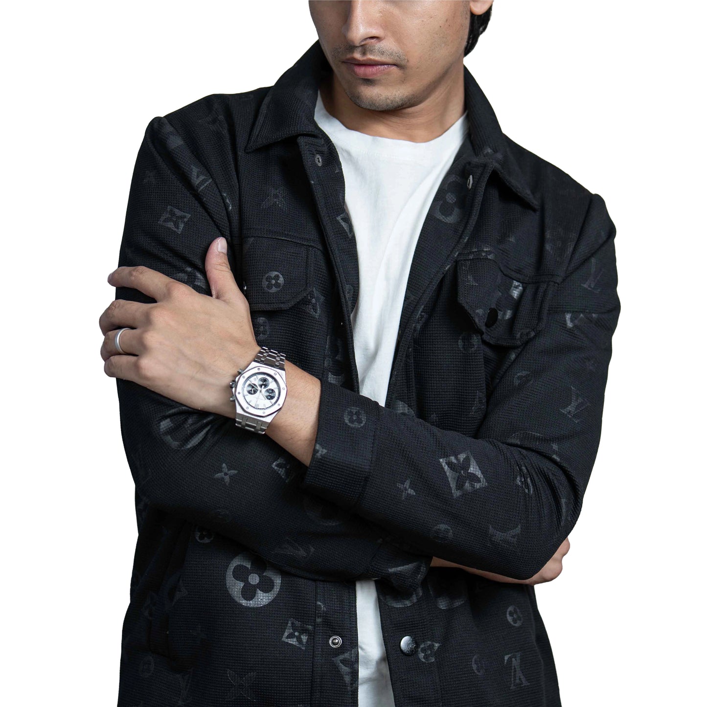 Men’s Black Vintage Allover Jacquard Cotton Shacket