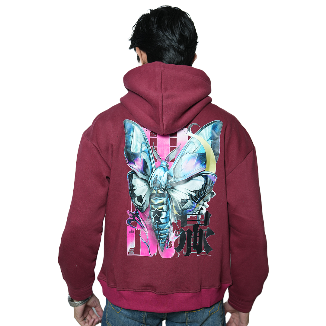 DTF Printed Burgundy Pullover Hoodie – Moth Design