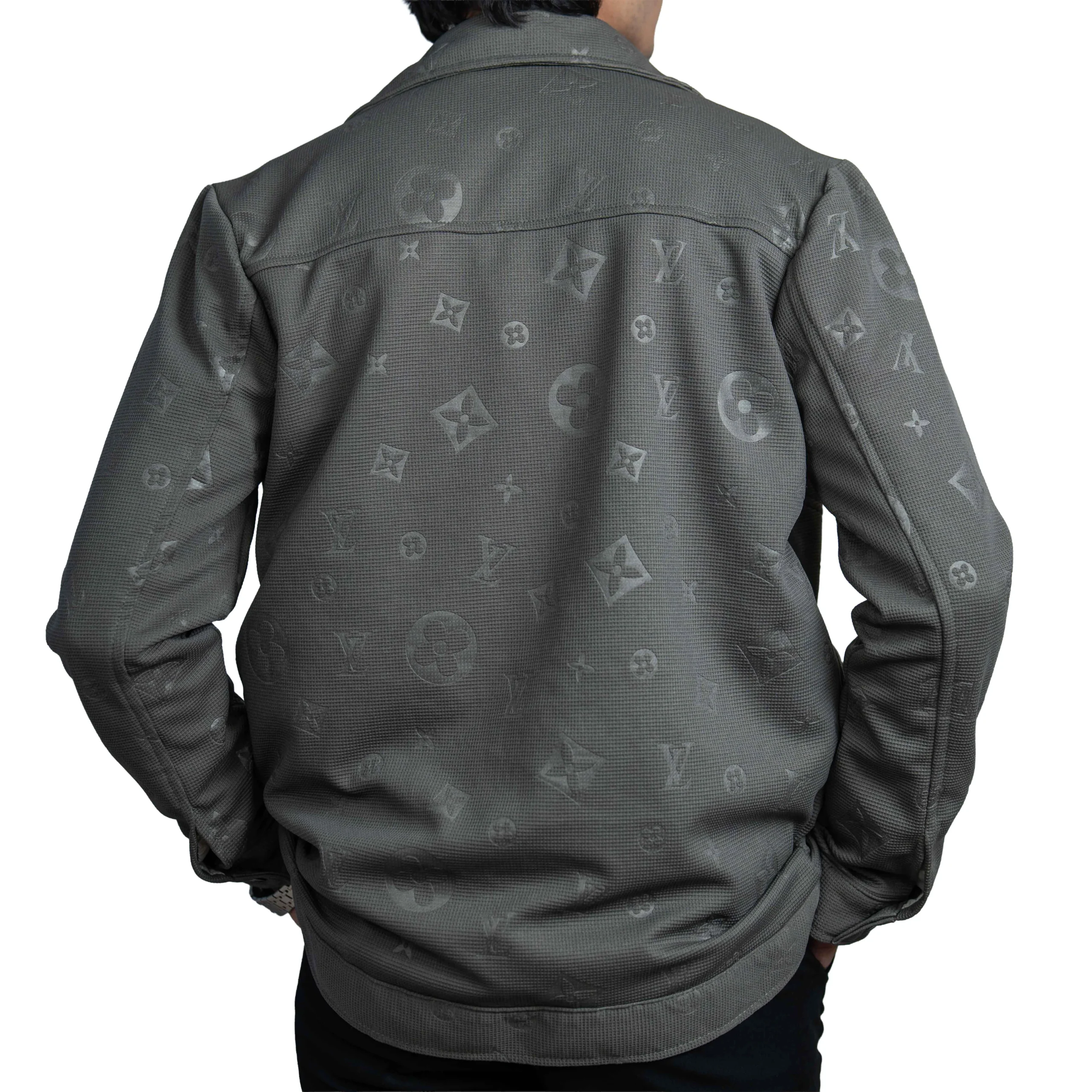 Men’s Slate dark khaki Vintage Allover Jacquard Cotton Shacket - Image 2