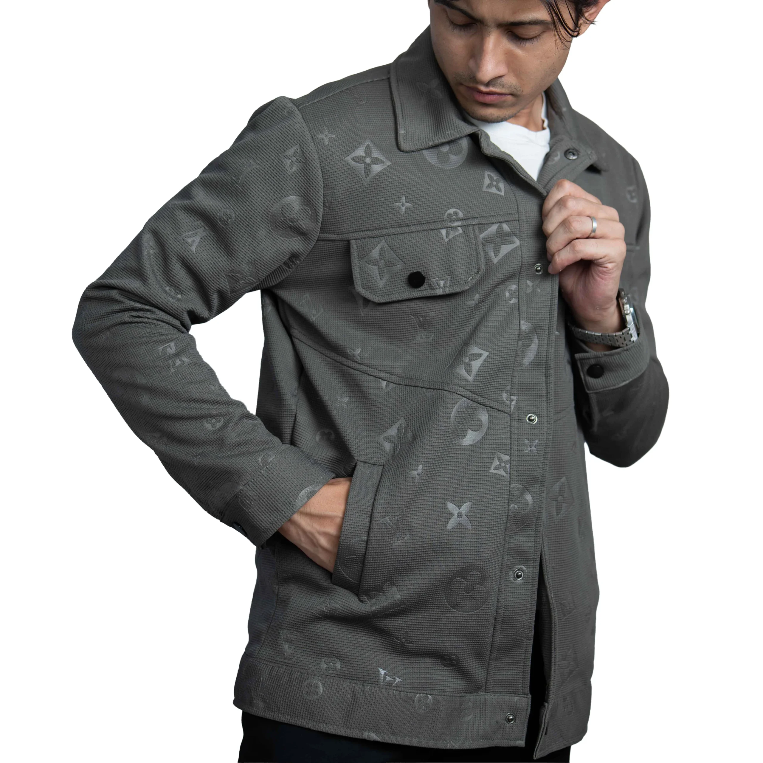 Men’s Slate dark khaki Vintage Allover Jacquard Cotton Shacket - Image 3