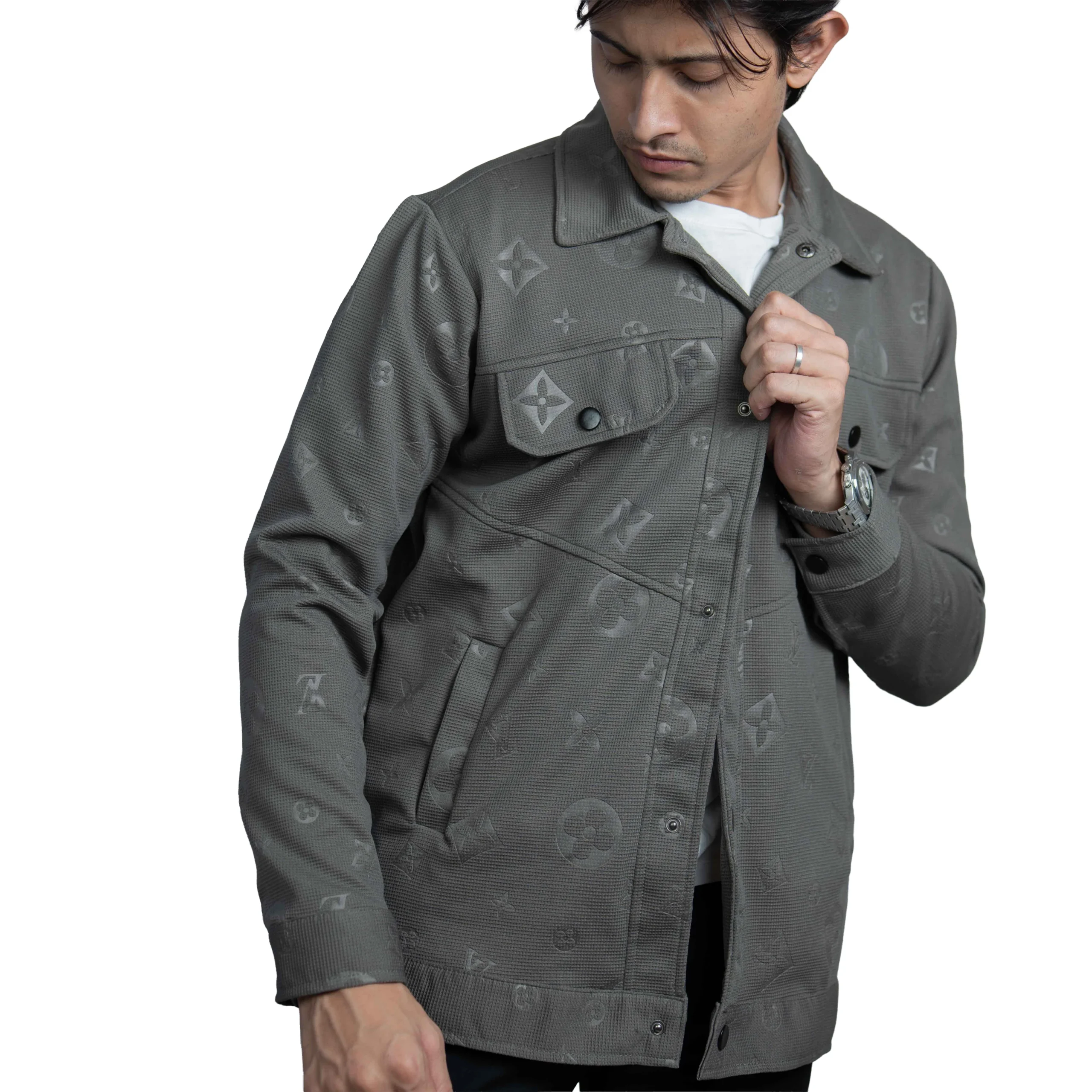Men’s Slate dark khaki Vintage Allover Jacquard Cotton Shacket - Image 4
