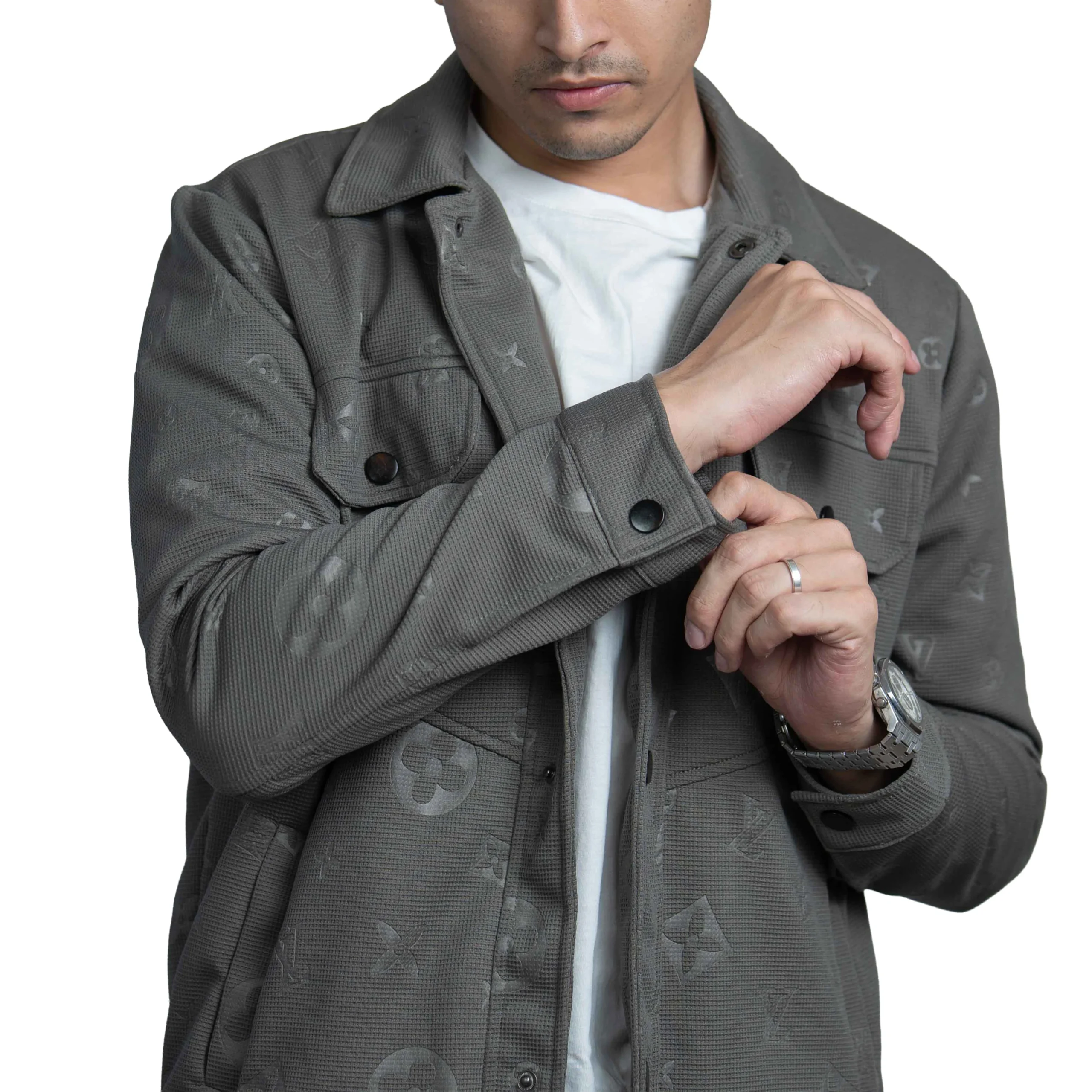 Men’s Slate dark khaki Vintage Allover Jacquard Cotton Shacket - Image 5