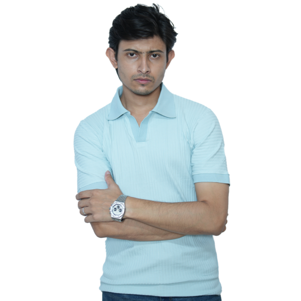 Sky Blue Textured Polo Shirt for Men – Slim Fit Casual Summer Tee
